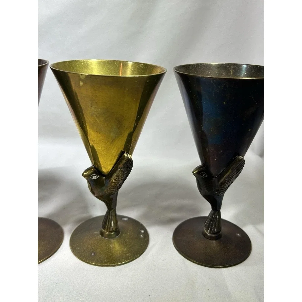 Vintage Godinger Brass Goblet Birds Phoenix Set Of 4 India MCM Mid Century